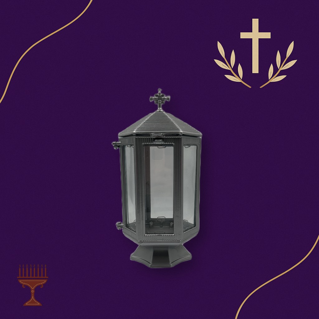 Καντήλι Εξάγωνο Αλουμινίου Ασημί – Χυτοπρεσσαριστό Φανάρι Μνήμης 16×33 cm για Τάφο ή Εικονοστάσι