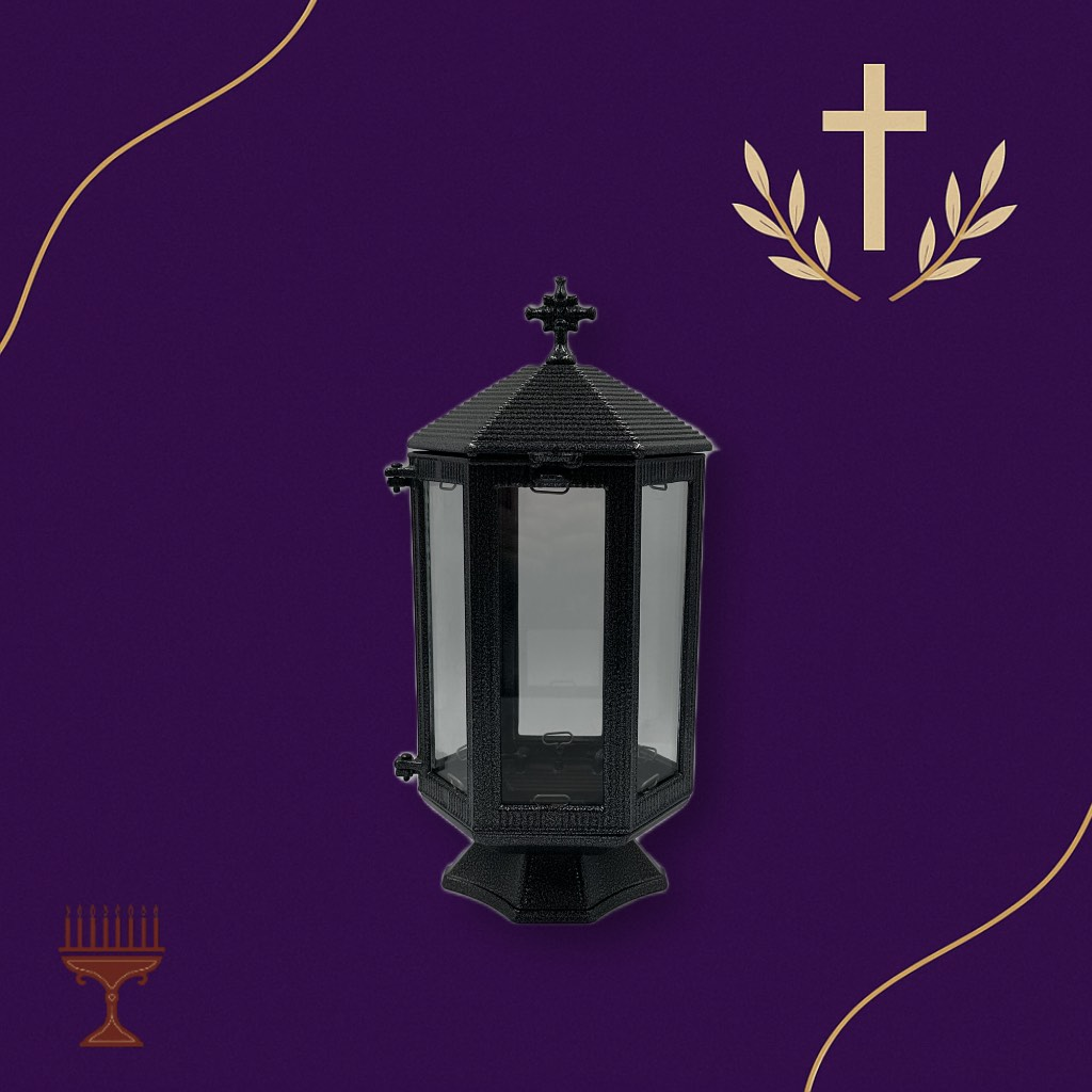 Καντήλι Εξάγωνο Αλουμινίου Μαύρο – Χυτοπρεσσαριστό Φανάρι Μνήμης 16×33 cm για Τάφο ή Εικονοστάσι