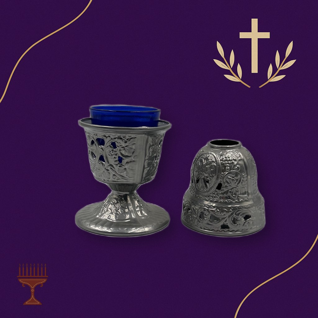 Επιτραπέζιο Μεταλλικό Καντήλι “Κουκουνάρα” Ασημί με Ποτήρι