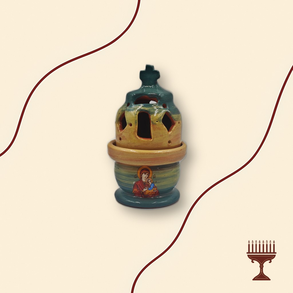 Καντήλα Δίχρωμη Κίτρινο-Μπλε Τρούλος Εκκλησίας με Βαθιά Βάση