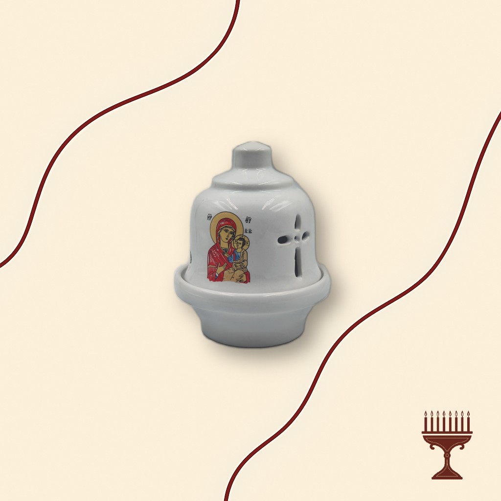 Καντήλα Λευκή Πορσελάνης με Παναγία και Σταυρό