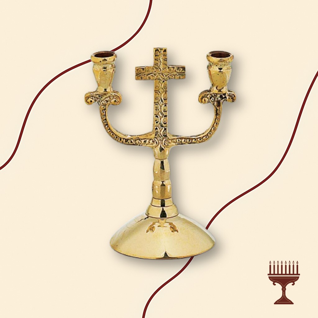 Κηροπήγιο Δίκερο Μπρούτζινο Σκαλιστό με Σταυρό – 12 εκ.