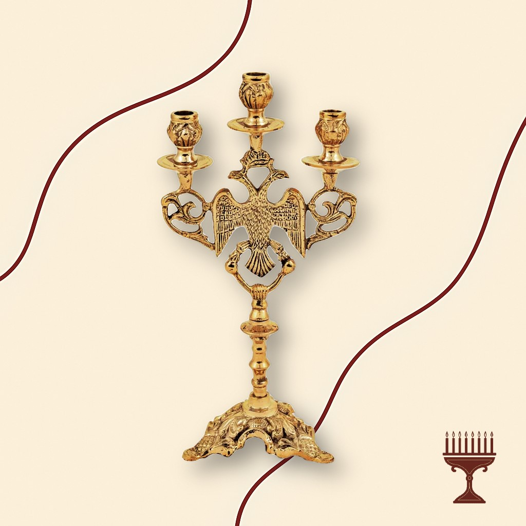 Κηροπήγιο Τρίκερο Μπρούτζινο Σκαλιστό με Δικέφαλο Αετό – Ύψος 25 εκ.