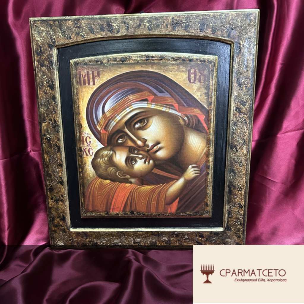 Παναγία Γλυκοφιλούσα – Χειροποίητη Εικόνα σε Παλιό Πορτάκι με Παλαίωση